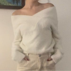 off the shoulder fuzzy white sweater